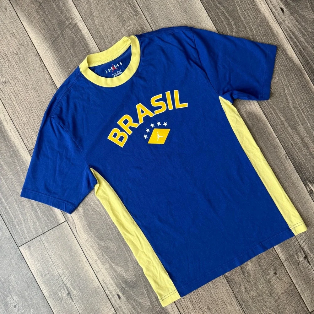 Jordan Brasil Ringer T-Shirt Mens XS Blue Yellow Graphic Soccer Jumpman Football